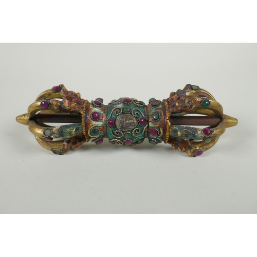 120 - A Tibetan cold painted bronze vajra with inset stone decoration, 23cm long