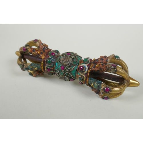 120 - A Tibetan cold painted bronze vajra with inset stone decoration, 23cm long