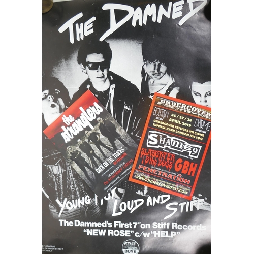 134 - The Damned, Young Hot Loud and Stiff, reproduction poster, 44 x 61cm, and two punk flyers for The St... 