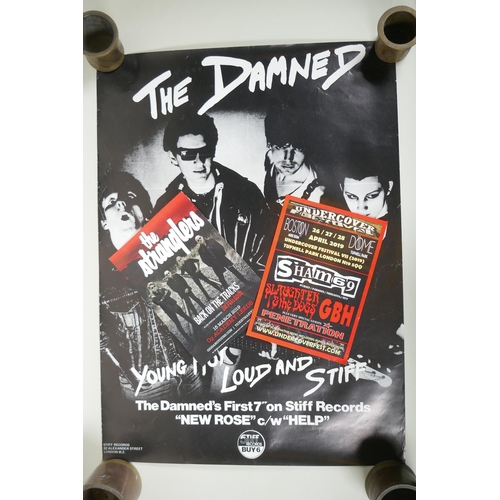 134 - The Damned, Young Hot Loud and Stiff, reproduction poster, 44 x 61cm, and two punk flyers for The St... 