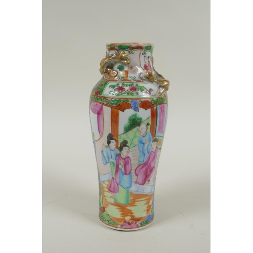 150 - A C19th Chinese Canton famille rose porcelain vase, with two gilt raised dragons and decorative pane... 