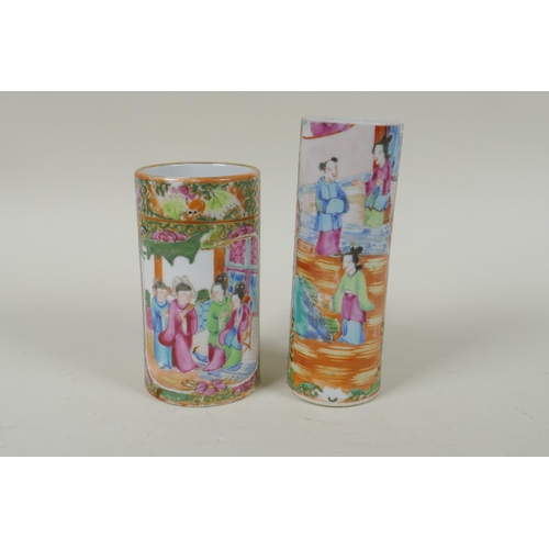 152 - A C19th Chinese Canton famille rose cylinder vase and two smaller, all with decorative panels depict... 