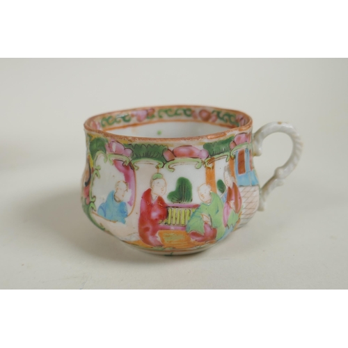 153 - A Chinese Republic Canton famille rose porcelain sugar pot, jug and two tea cups, largest 12cm diame... 