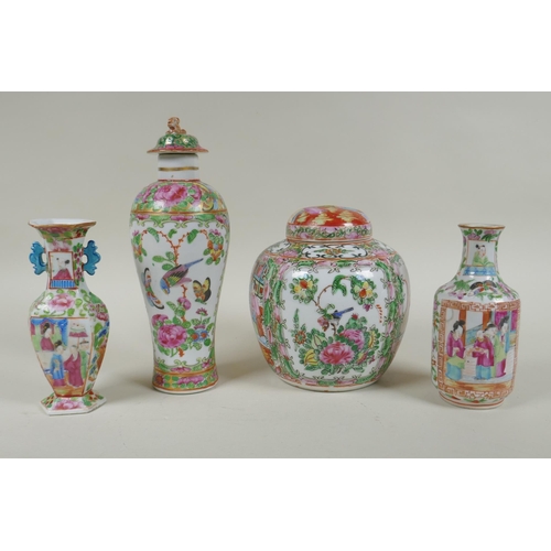 155 - Three C19th Chinese Canton famille rose porcelain vases decorated with birds, insects, flowers and f... 