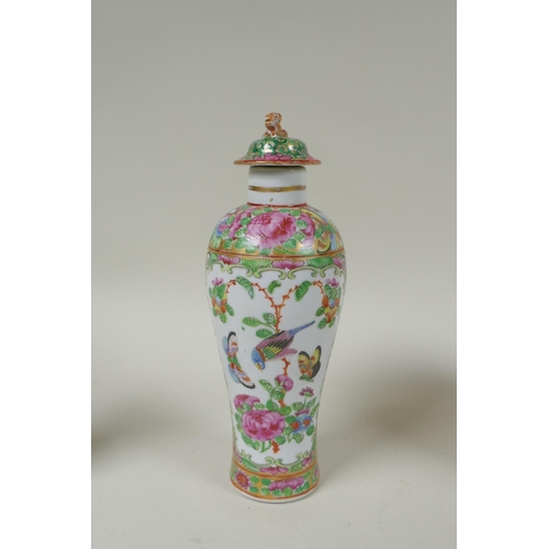 155 - Three C19th Chinese Canton famille rose porcelain vases decorated with birds, insects, flowers and f... 