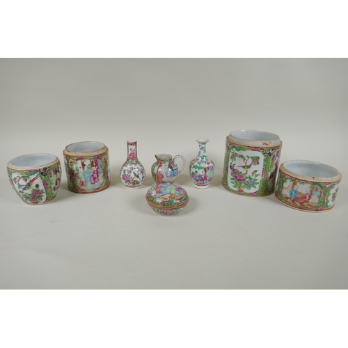 156 - A collection of late C19th/early C20th Canton famille rose porcelain to include miniature vases, jug... 