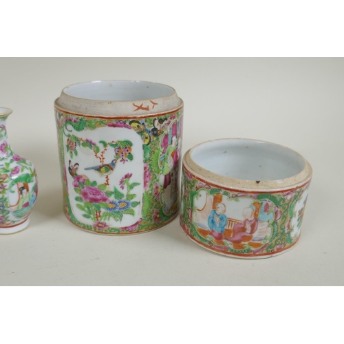 156 - A collection of late C19th/early C20th Canton famille rose porcelain to include miniature vases, jug... 