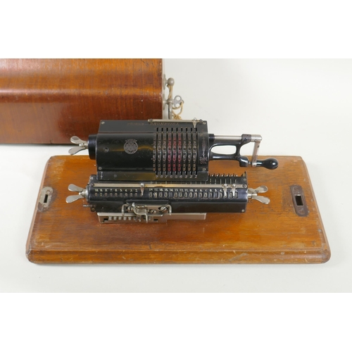 159 - An antique mahogany cased Trinks-Brunsviga mechanical calculator, 38 x 18cm x 16cm 