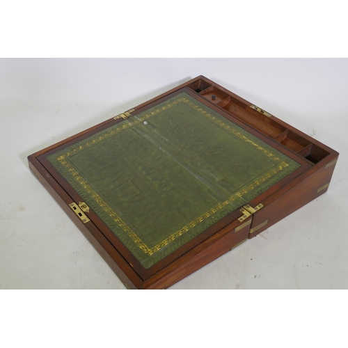 164 - A C19th mahogany writing slope with brass campaign style mounts and inset leather slope, 46 x 26 x 1... 