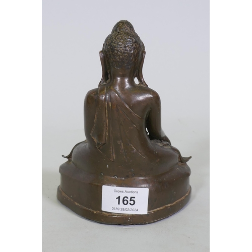 165 - Oriental bronze Buddha with inset glass eyes, possibly Burmese, 17cm high