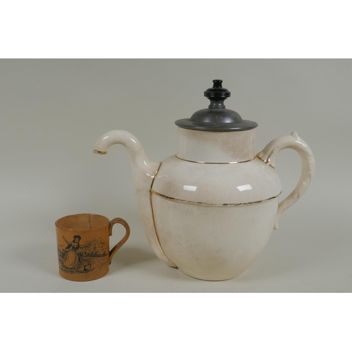 170 - A C19th Burslem Royal patent self pouring teapot, an early stoneware mug with transfer decoration of... 