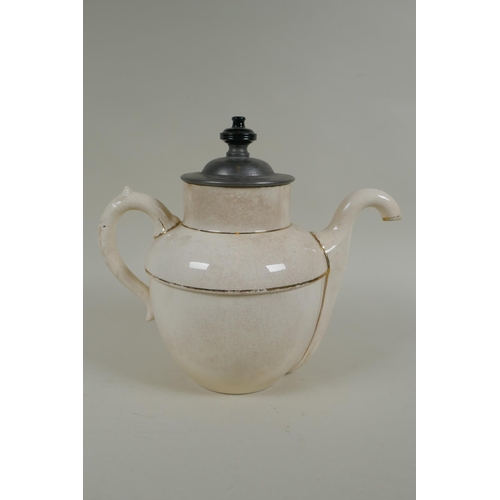 170 - A C19th Burslem Royal patent self pouring teapot, an early stoneware mug with transfer decoration of... 