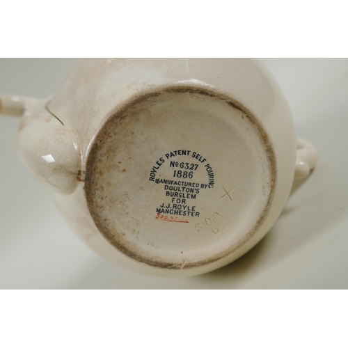 170 - A C19th Burslem Royal patent self pouring teapot, an early stoneware mug with transfer decoration of... 