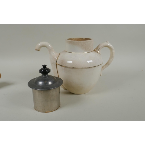 170 - A C19th Burslem Royal patent self pouring teapot, an early stoneware mug with transfer decoration of... 