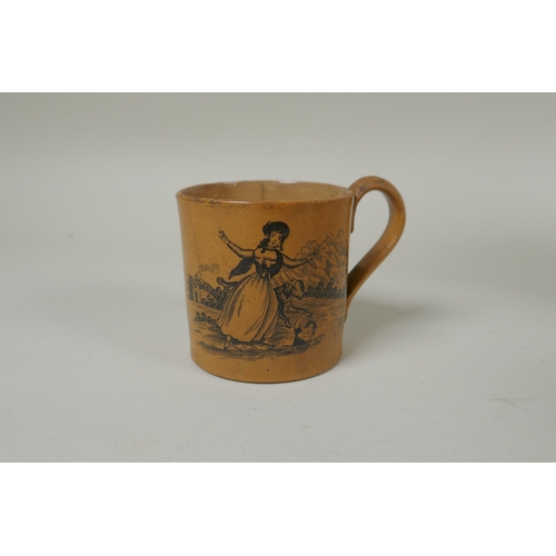 170 - A C19th Burslem Royal patent self pouring teapot, an early stoneware mug with transfer decoration of... 