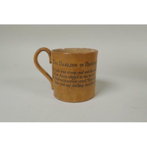 170 - A C19th Burslem Royal patent self pouring teapot, an early stoneware mug with transfer decoration of... 