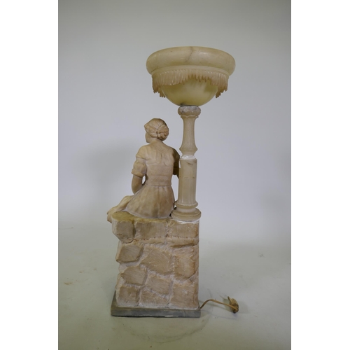 197 - An early C20th alabaster lamp in the form of a young woman seated upon a rock, on a marble base sign... 