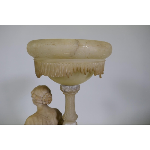 197 - An early C20th alabaster lamp in the form of a young woman seated upon a rock, on a marble base sign... 