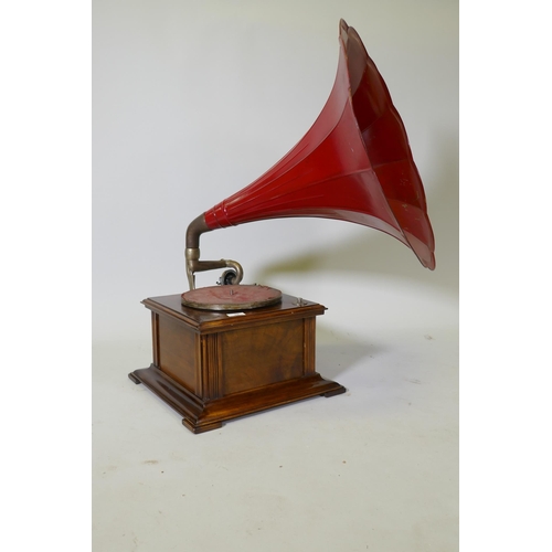 20 - An early C20th Spanish wind up gramophone, labelled Phono-Barcelonesa, San Pablo, 94, in a walnut ca... 