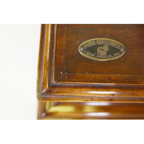 20 - An early C20th Spanish wind up gramophone, labelled Phono-Barcelonesa, San Pablo, 94, in a walnut ca... 