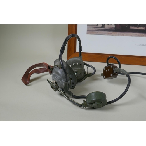 212 - A WWII British Army radio headset, a print after Simon Smith titled The Road From Utah depicting WWI... 