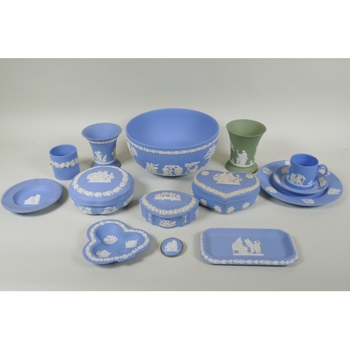 231 - A collection of Wedgwood Jasperware to include trinket boxes, dishes, bowls, cups and saucers, large... 