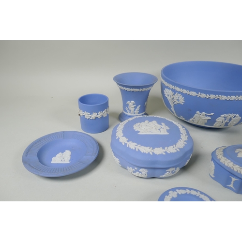 231 - A collection of Wedgwood Jasperware to include trinket boxes, dishes, bowls, cups and saucers, large... 