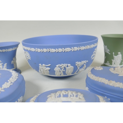 231 - A collection of Wedgwood Jasperware to include trinket boxes, dishes, bowls, cups and saucers, large... 