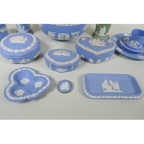 231 - A collection of Wedgwood Jasperware to include trinket boxes, dishes, bowls, cups and saucers, large... 