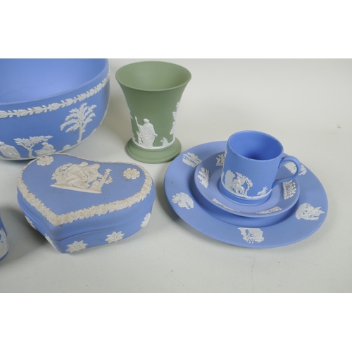 231 - A collection of Wedgwood Jasperware to include trinket boxes, dishes, bowls, cups and saucers, large... 