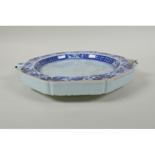 233 - A C19th/early C20th Chinese blue and white porcelain warming dish of octagonal form with floral deco... 