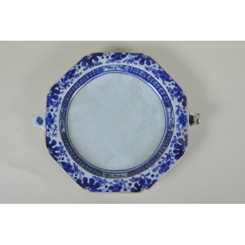 233 - A C19th/early C20th Chinese blue and white porcelain warming dish of octagonal form with floral deco... 