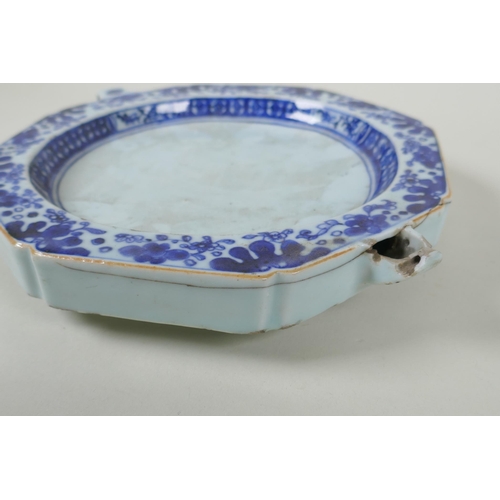 233 - A C19th/early C20th Chinese blue and white porcelain warming dish of octagonal form with floral deco... 