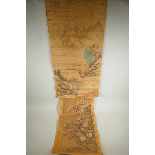 243 - A Chinese watercolour scroll of a riverside landscape (AF) and a watercolour print of magnolias and ... 