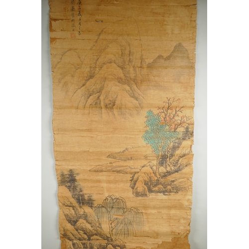 243 - A Chinese watercolour scroll of a riverside landscape (AF) and a watercolour print of magnolias and ... 