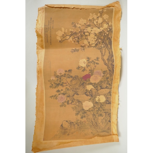 243 - A Chinese watercolour scroll of a riverside landscape (AF) and a watercolour print of magnolias and ... 