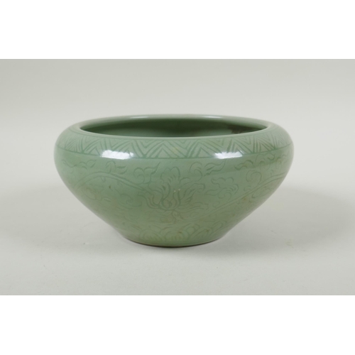 255 - A Chinese olive green glazed porcelain dish with incised scrolling floral decoration, 19cm diameter