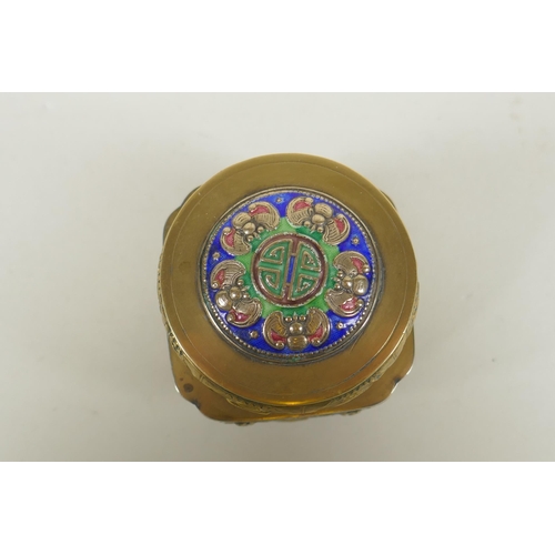 271 - A Chinese enamelled brass tea canister decorated with bats and auspicious symbols, 9cm high