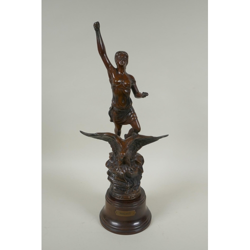 272 - A spelter figure of a lady on the back of an eagle titled Night, on a Bakelite socle, 44cm high