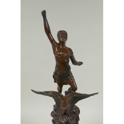 272 - A spelter figure of a lady on the back of an eagle titled Night, on a Bakelite socle, 44cm high