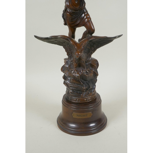 272 - A spelter figure of a lady on the back of an eagle titled Night, on a Bakelite socle, 44cm high