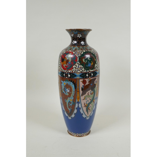 276 - A Japanese Meiji period cloisonne vase with decorative panels depicting dragons and phoenix, 30cm hi... 