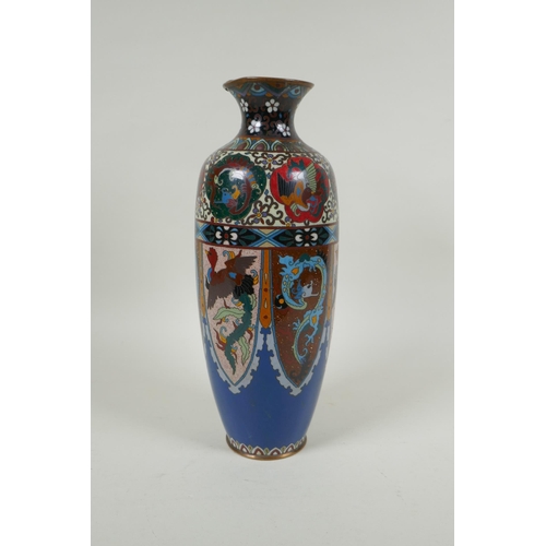 276 - A Japanese Meiji period cloisonne vase with decorative panels depicting dragons and phoenix, 30cm hi... 