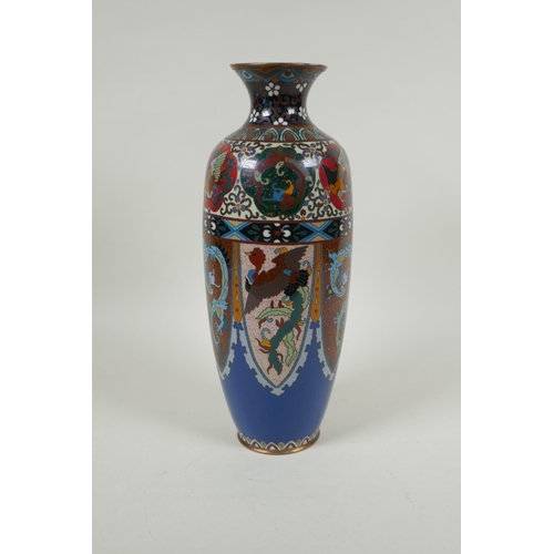 276 - A Japanese Meiji period cloisonne vase with decorative panels depicting dragons and phoenix, 30cm hi... 