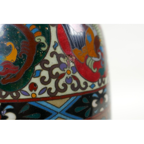 276 - A Japanese Meiji period cloisonne vase with decorative panels depicting dragons and phoenix, 30cm hi... 