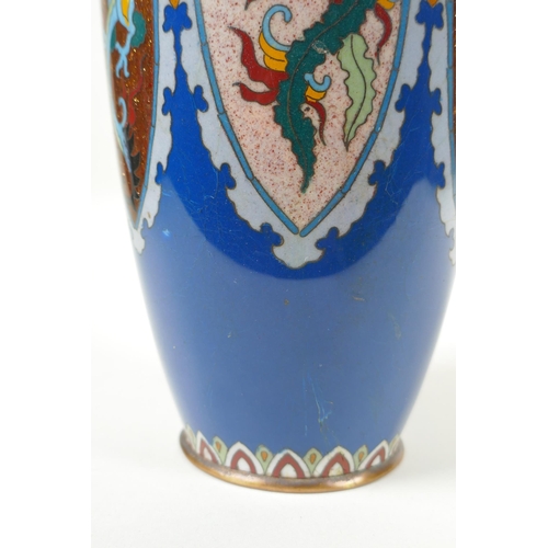 276 - A Japanese Meiji period cloisonne vase with decorative panels depicting dragons and phoenix, 30cm hi... 