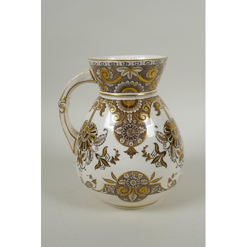 284 - An antique Wedgwood ironstone water pitcher with gilt Grecian style decoration, 17cm high