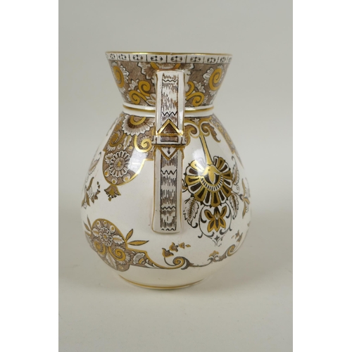 284 - An antique Wedgwood ironstone water pitcher with gilt Grecian style decoration, 17cm high