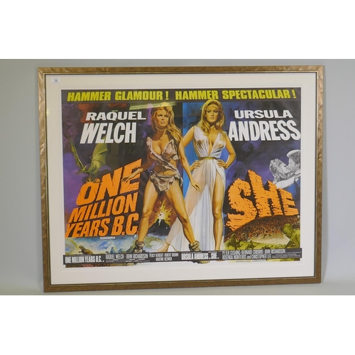 30 - One Million Years B.C / She, 1960s Quad Double Bill film poster, artwork by Tom Chantrell, starring ... 