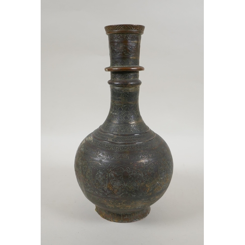 301 - An antique Islamic patinated copper hookah base, 32cm high